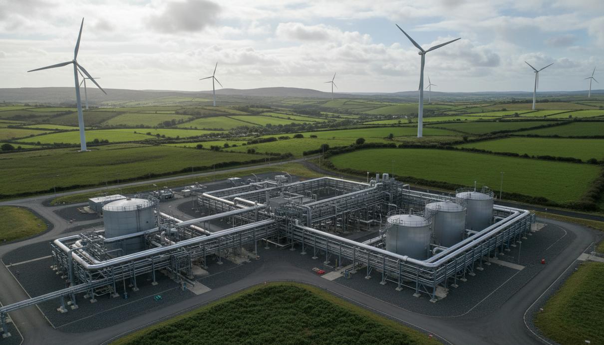 Современный газовый терминал с трубами и резервуарами на фоне зеленых холмов, на которых установлены ветряные турбины.