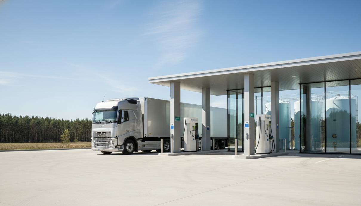 Большой грузовой автомобиль на современной водородной заправочной станции на фоне скандинавского пейзажа.
