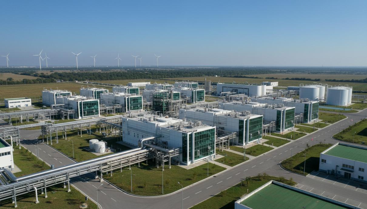 Современный завод по производству зеленого водорода с электролизерами, стальными трубопроводами и ветряными турбинами на горизонте.