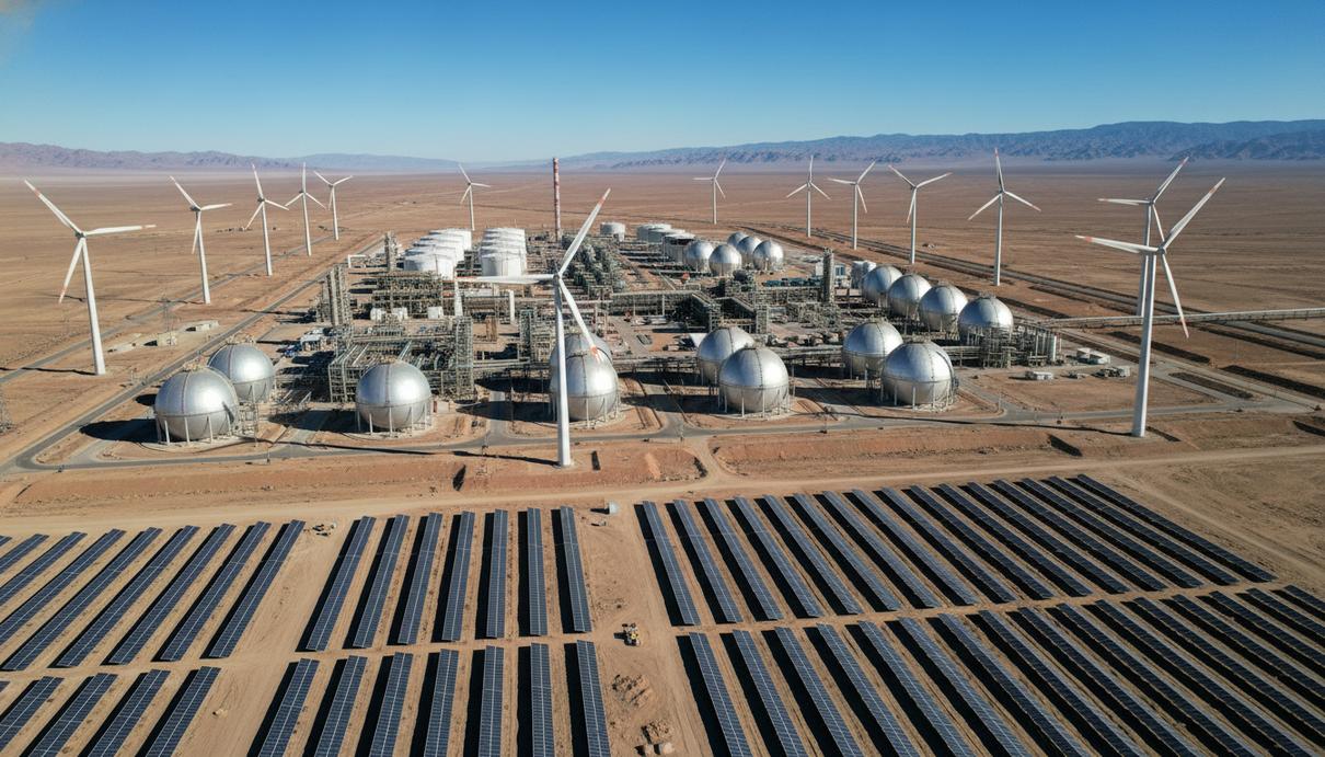 Промышленный комплекс по производству зеленого водорода в пустынной местности среди ветряных турбин и солнечных панелей.