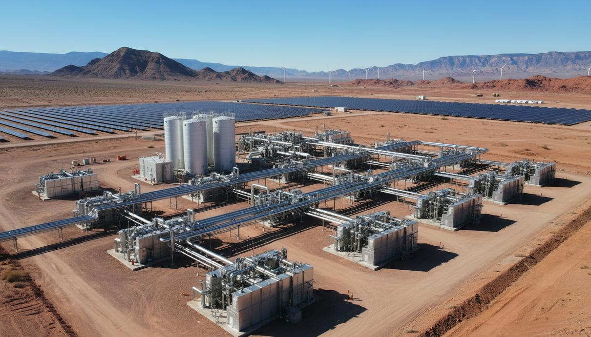 Промышленный комплекс по производству зеленого водорода: технологическое оборудование, трубопроводы и резервуары для хранения на фоне поля солнечных панелей.