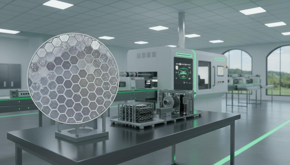 Разобранный стек водородного электролизера и компоненты протонообменной мембраны в современной промышленной лаборатории.