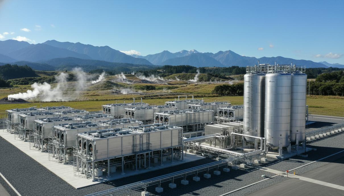 Современный завод по производству зеленого водорода с электролизерами и резервуарами на фоне зеленых холмов Новой Зеландии.