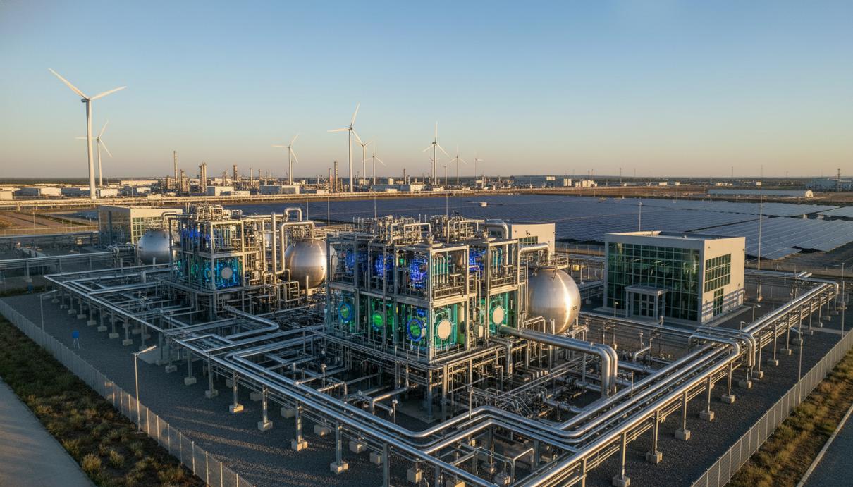 Современная промышленная установка по производству зеленого водорода с электролизером, трубами и резервуарами.