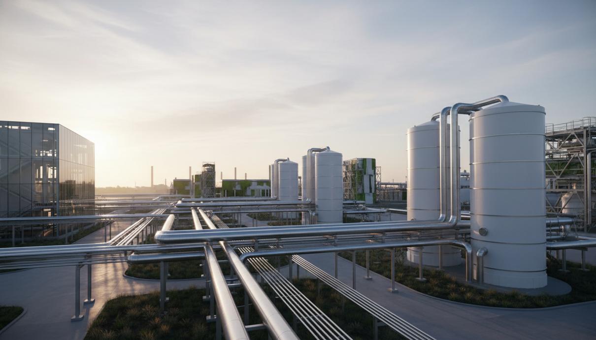 Современный промышленный комплекс по улавливанию углерода и производству водорода. Стальные трубопроводы и резервуары на территории завода.