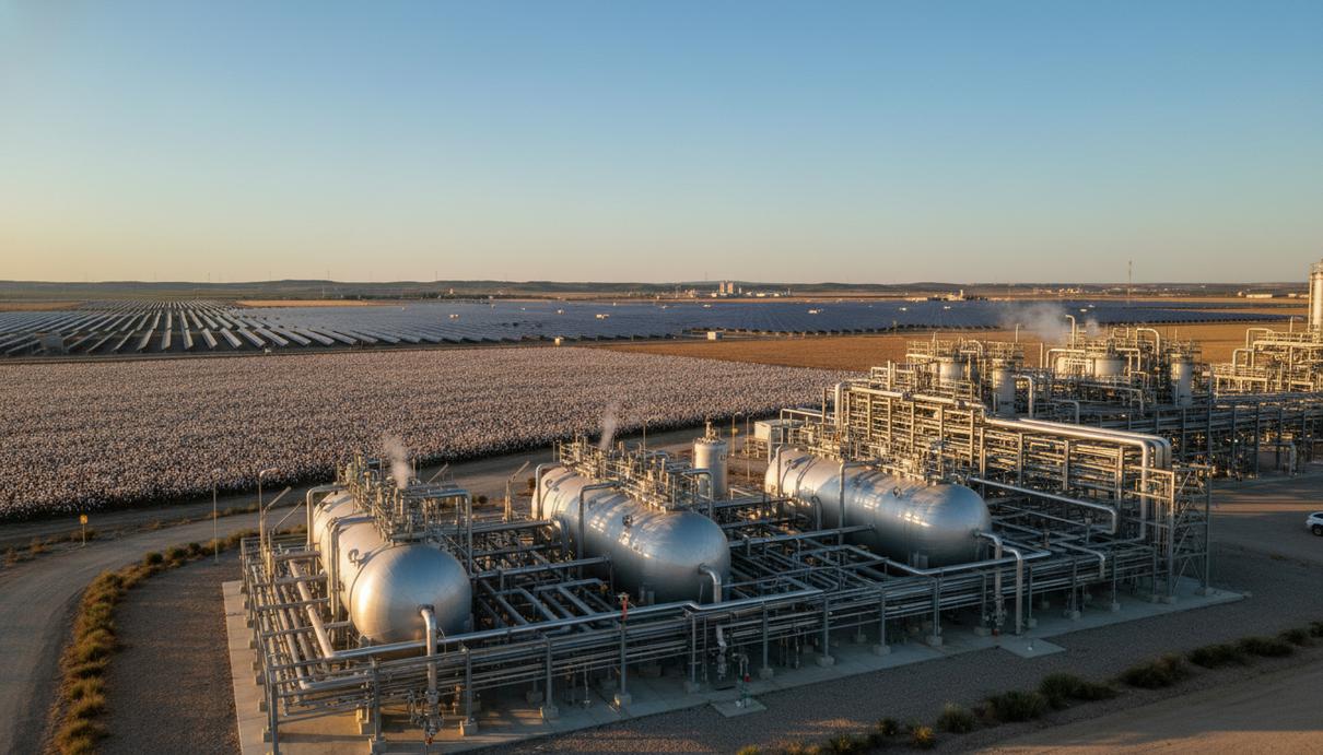 Промышленный завод по производству зеленого водорода с резервуарами и трубопроводами на фоне поля солнечных панелей и сельскохозяйственных угодий.