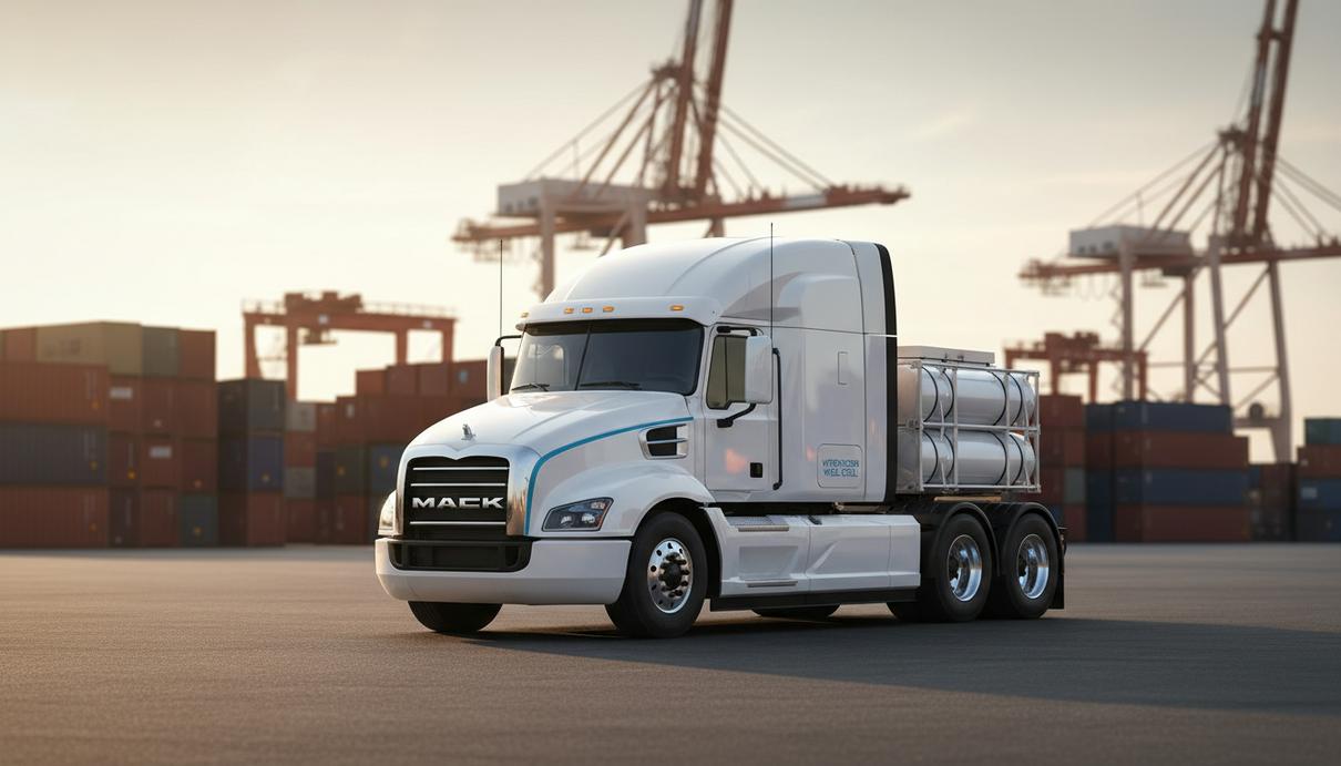 Современный седельный тягач на водородном топливе на фоне грузовых контейнеров и кранов в морском порту.