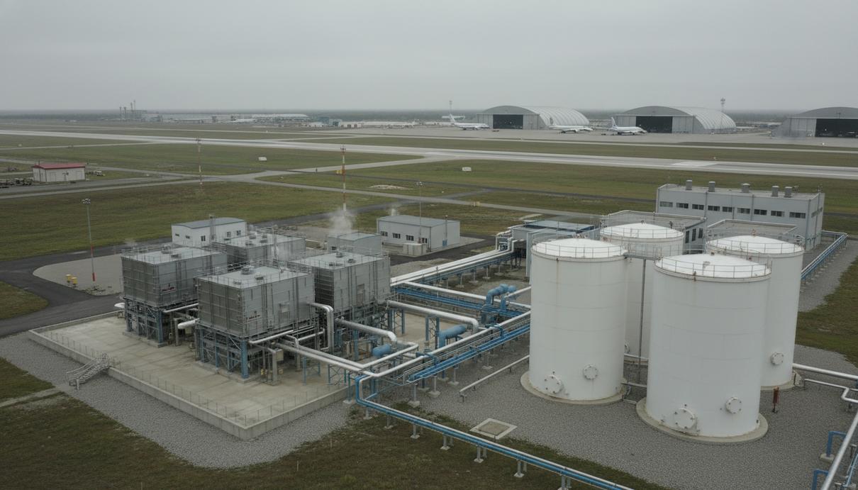 Промышленные резервуары и трубопроводы для авиационного топлива на фоне аэродрома