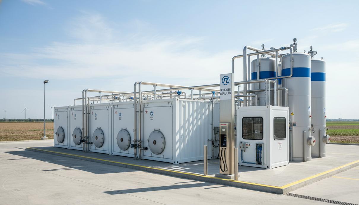 Промышленный контейнер с установкой для электролиза воды и трубами на водородной станции