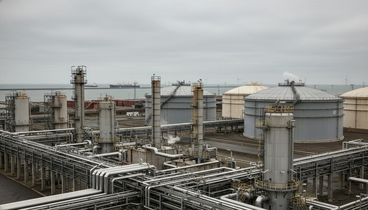 Индустриальный пейзаж с трубопроводами и установками для очистки газа на фоне морского горизонта