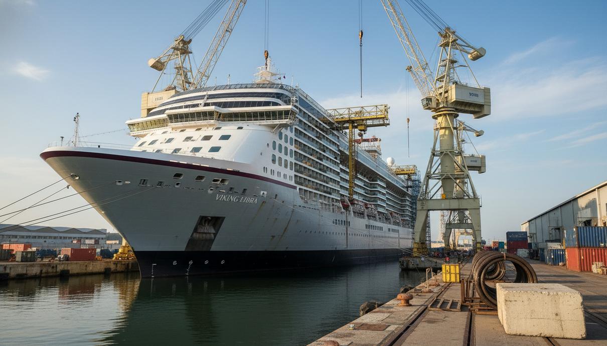 Крупный современный круизный лайнер у причала судостроительного завода на фоне портовых кранов.