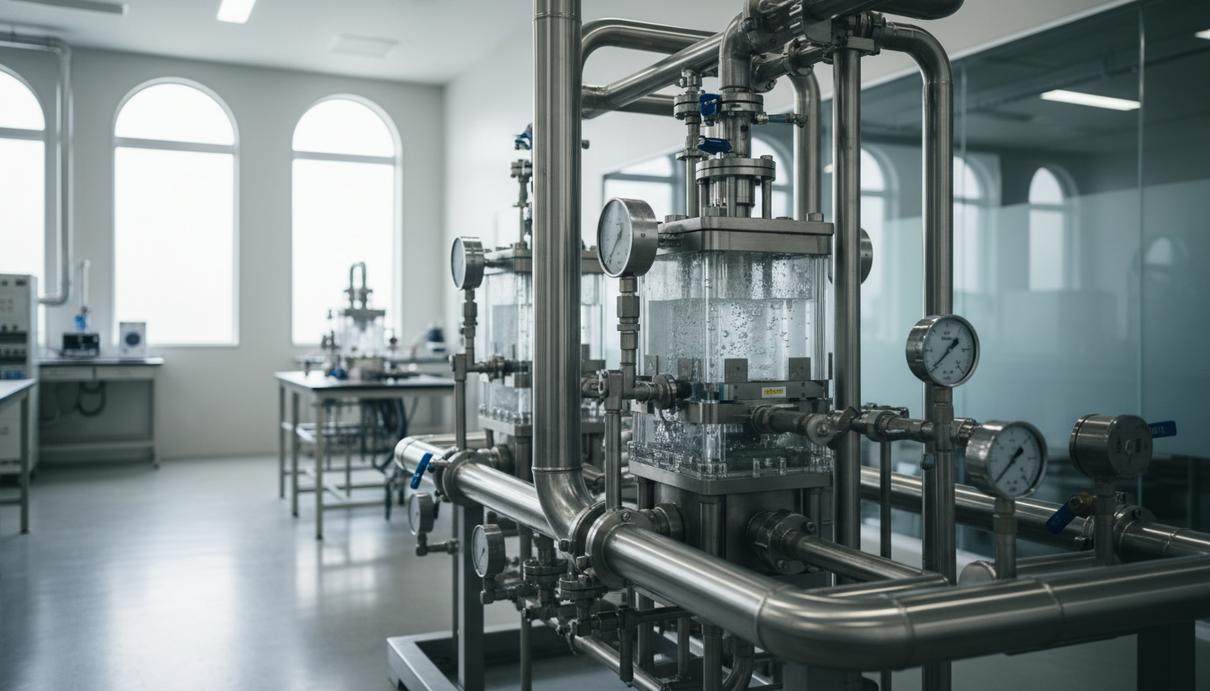 Промышленные установки щелочного электролиза воды с металлическими трубами и датчиками давления
