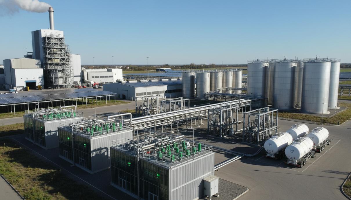 Промышленная площадка с установками для электролиза, серебристыми цистернами и трубопроводами на фоне завода