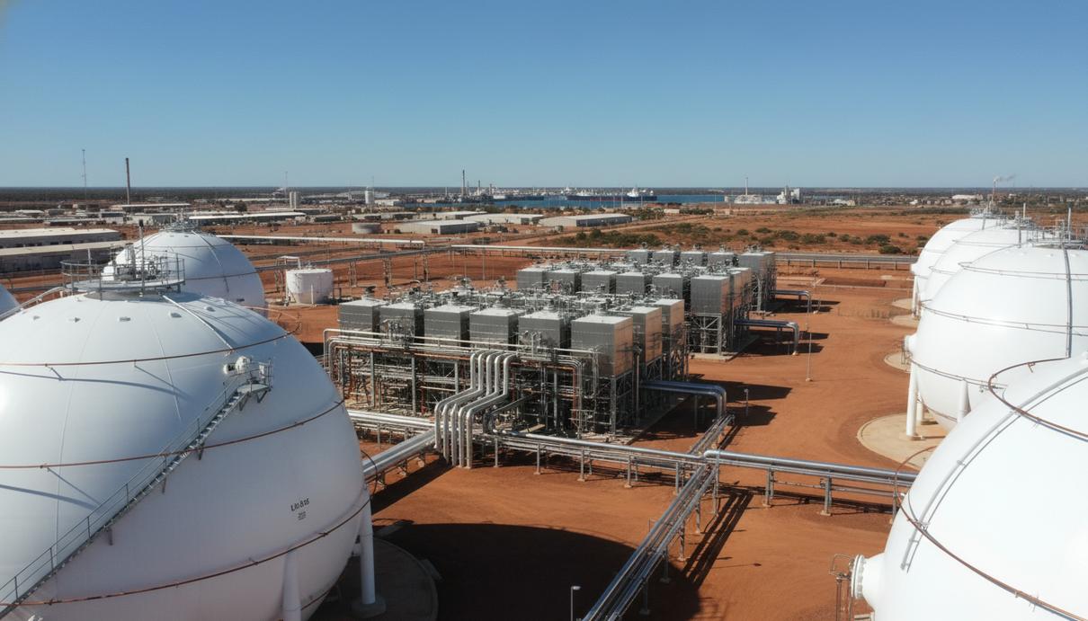 Промышленные резервуары и технологические установки водородного комплекса на фоне ясного неба.