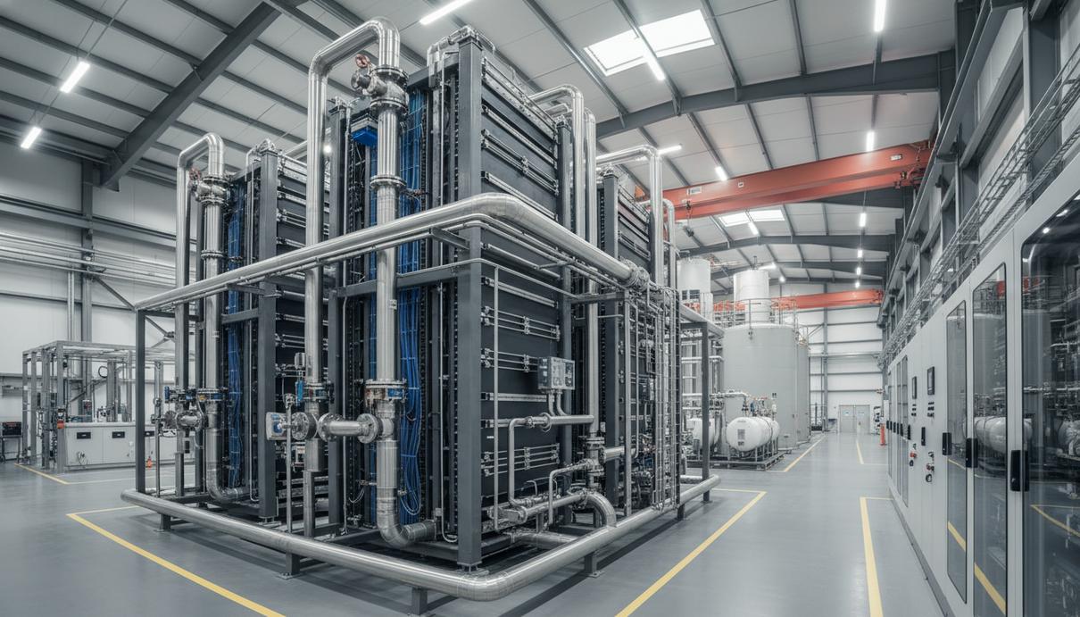Промышленная электролизная установка со стальными трубами и резервуарами в заводском помещении