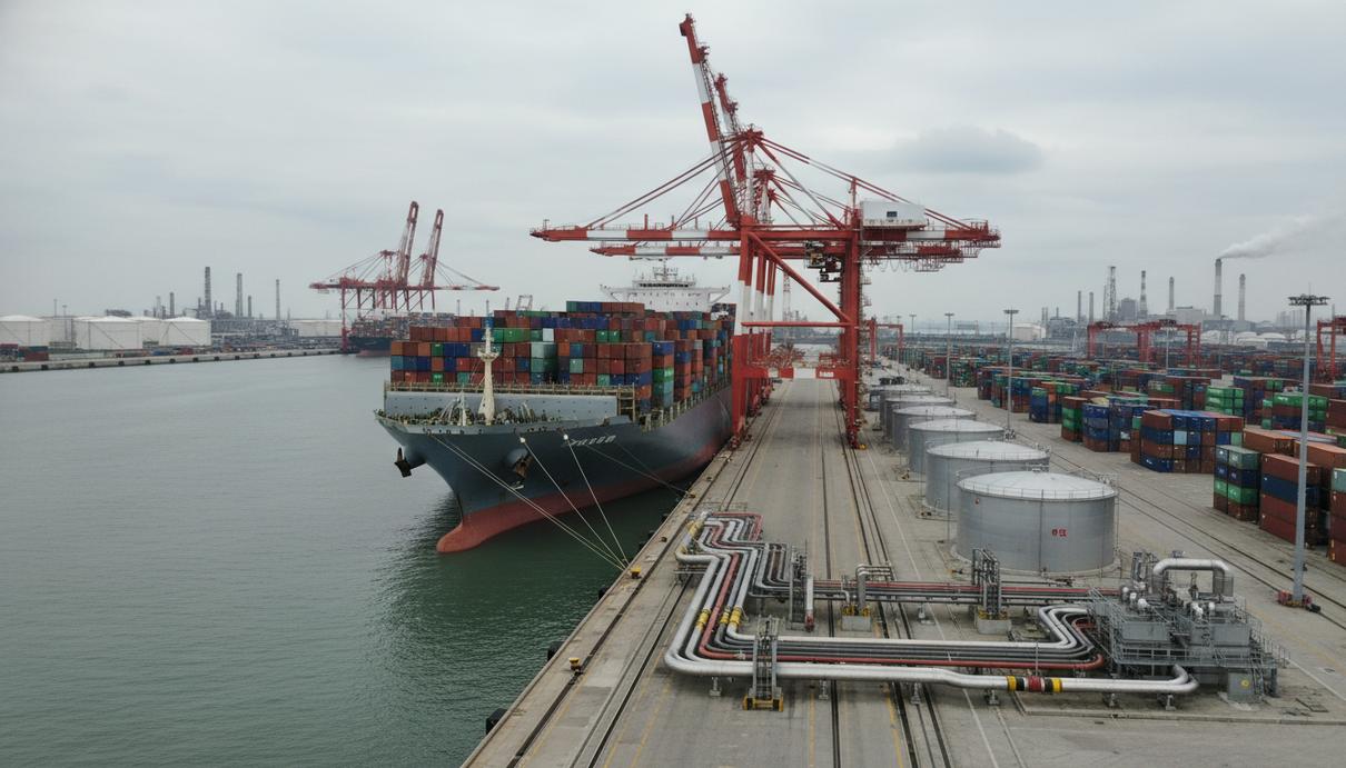 Крупный контейнеровоз в порту Шанхая во время заправки экологичным топливом через портовые терминалы.