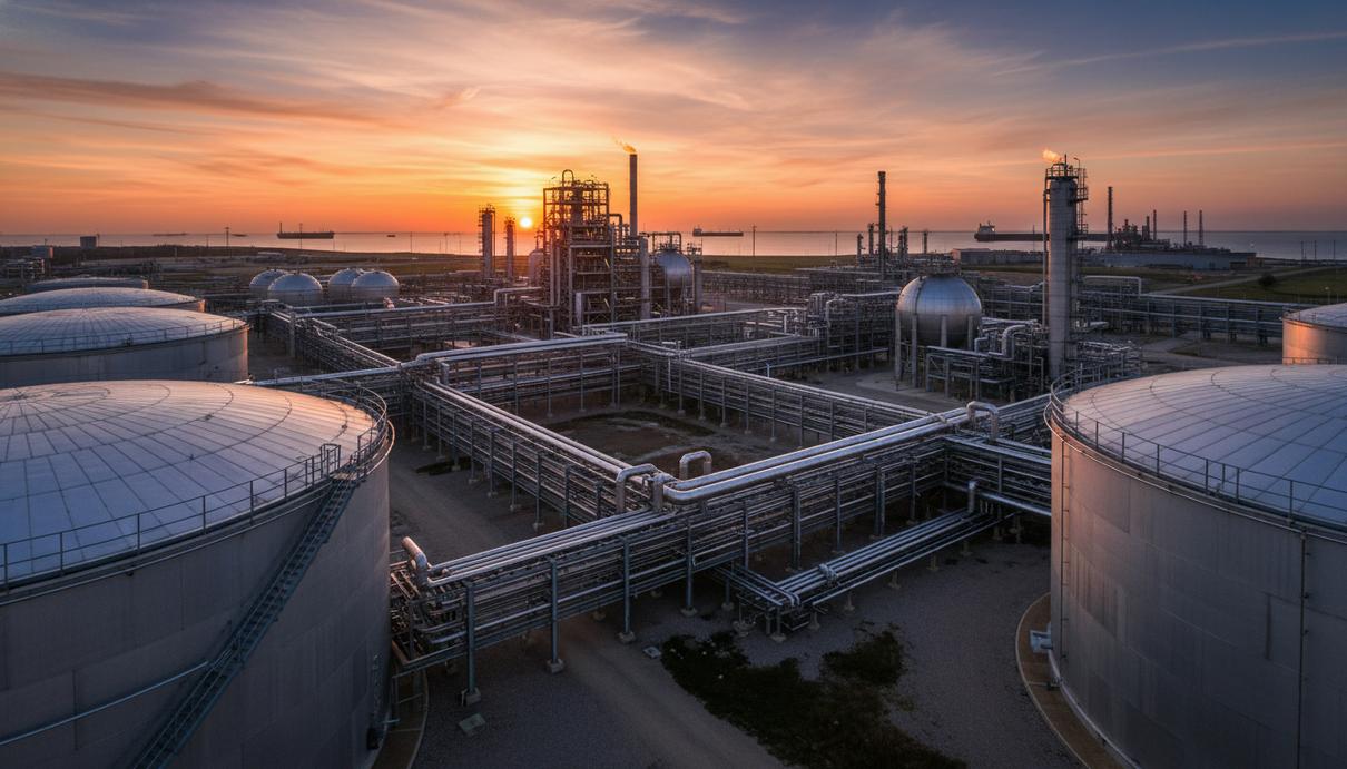 Промышленные резервуары и переплетение трубопроводов завода по производству аммиака в штате Техас.