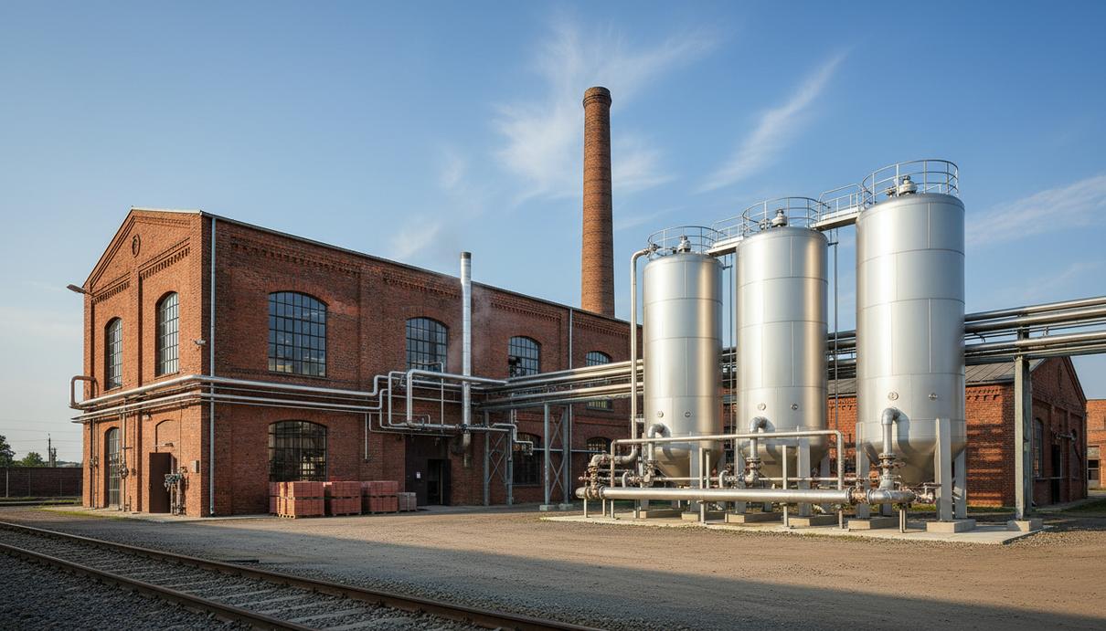 Промышленное здание кирпичного завода с установленными резервуарами для водорода и системой труб.