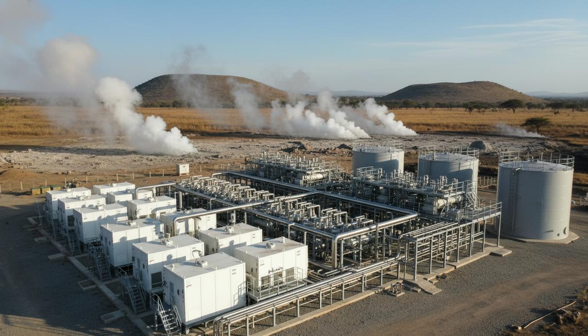 Промышленный завод с белыми резервуарами и трубопроводами на фоне клубов геотермального пара в Кении
