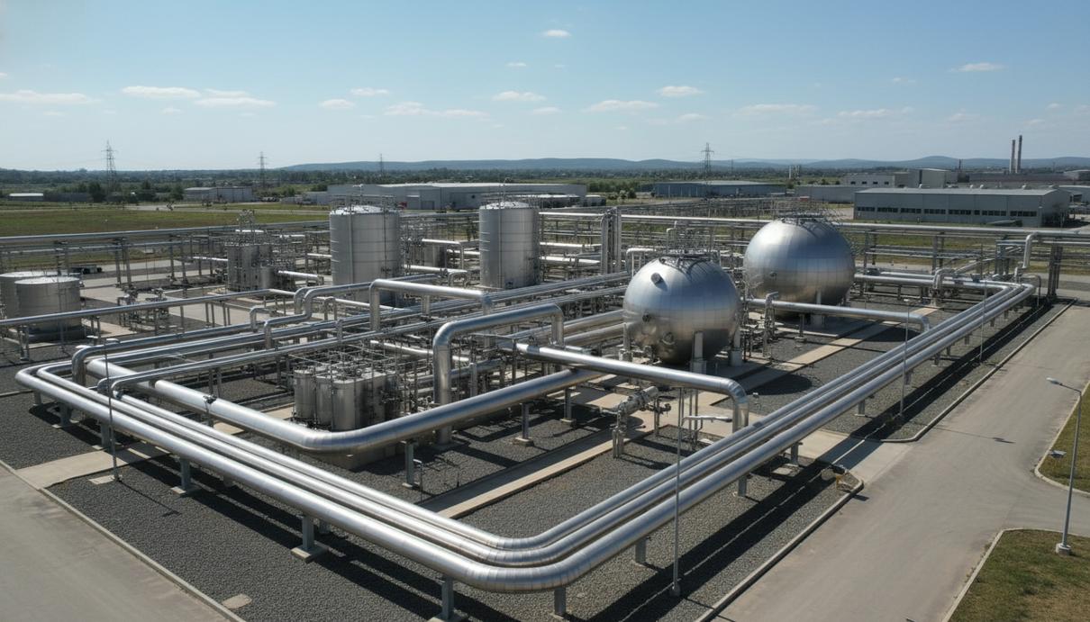 Современная промышленная установка с металлическими трубопроводами и баками для производства водорода