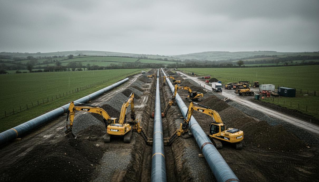 Строящийся участок трубопровода на фоне зеленых холмов Великобритании, стальные трубы большого диаметра на земле