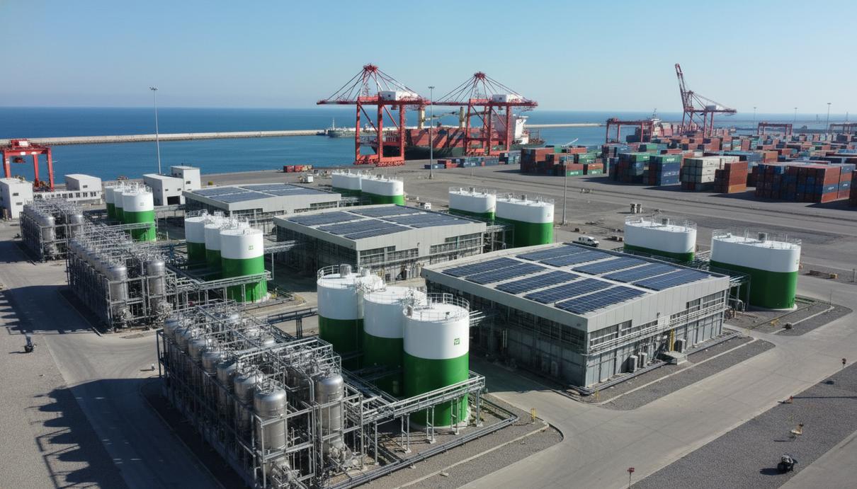 Промышленные установки для производства водорода и солнечные панели на территории морского порта.