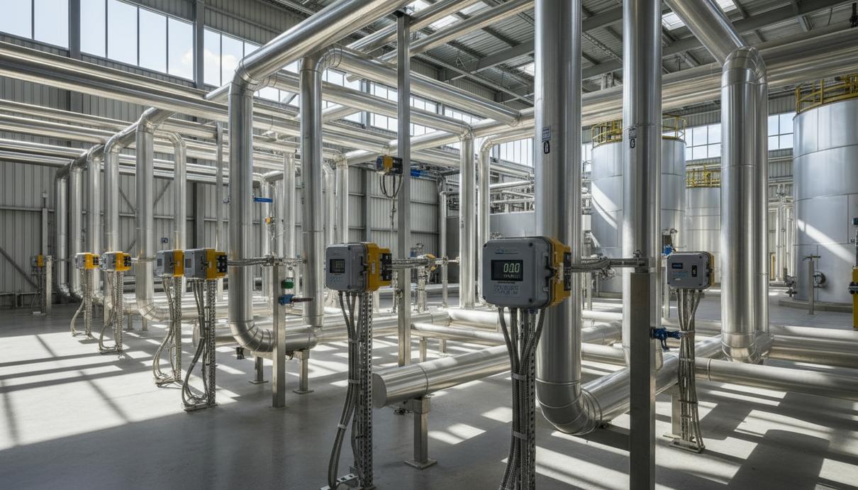 Промышленные датчики утечки газа и детекторы пламени, установленные на стальных трубах водородного завода.