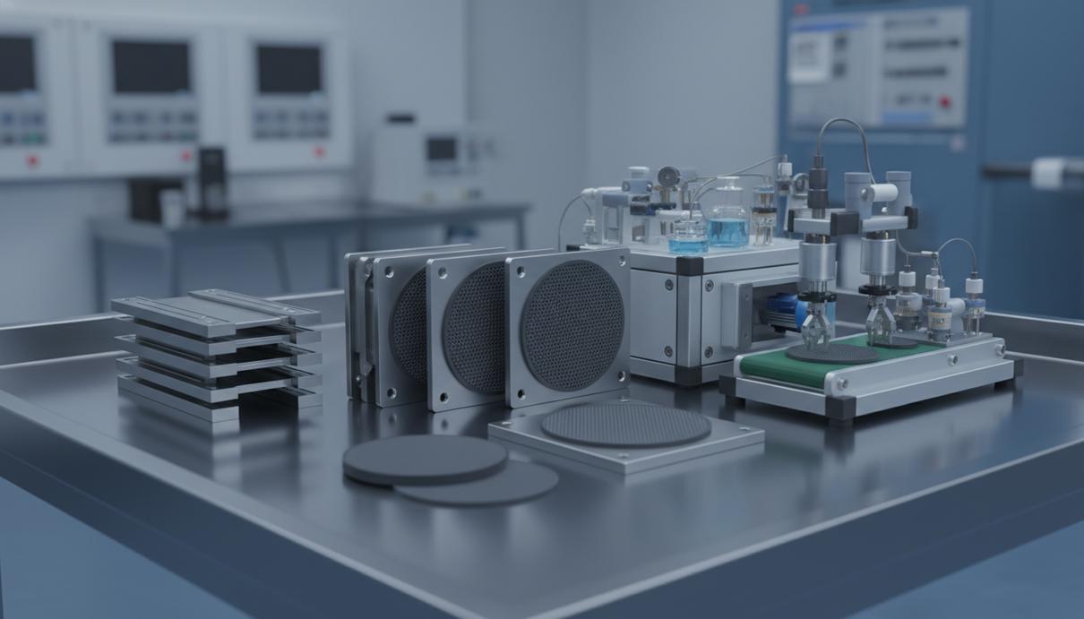 Промышленные компоненты водородного электролизера и лабораторное оборудование на чистой поверхности