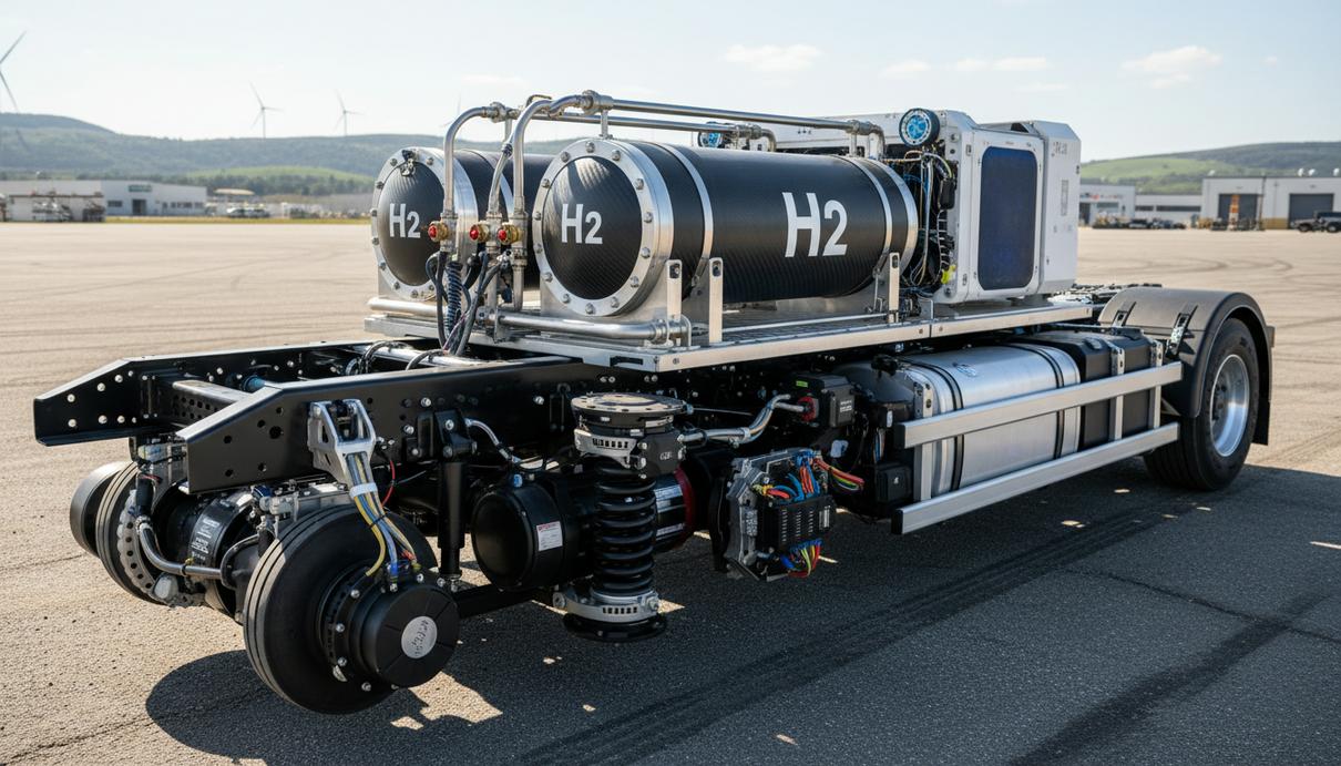 Шасси тяжелого грузового автомобиля с установленными баками для водородного топлива на испытательной площадке