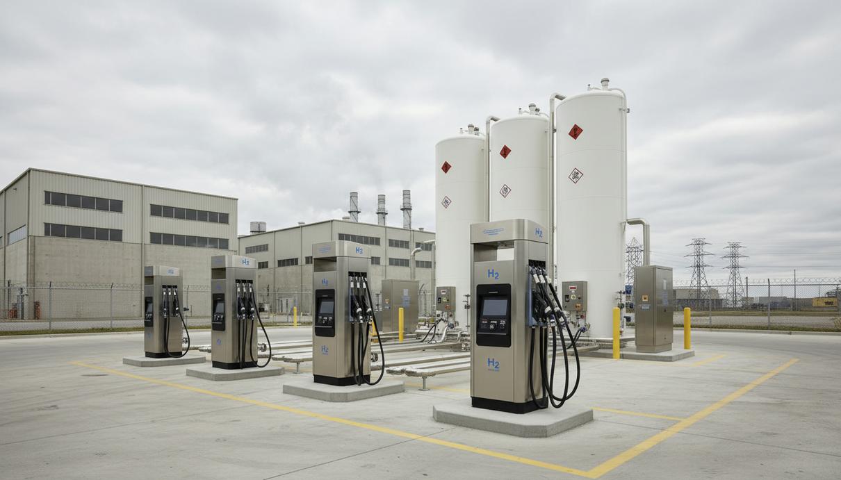 Водородная заправочная станция с высокими металлическими резервуарами и распределительными колонками.