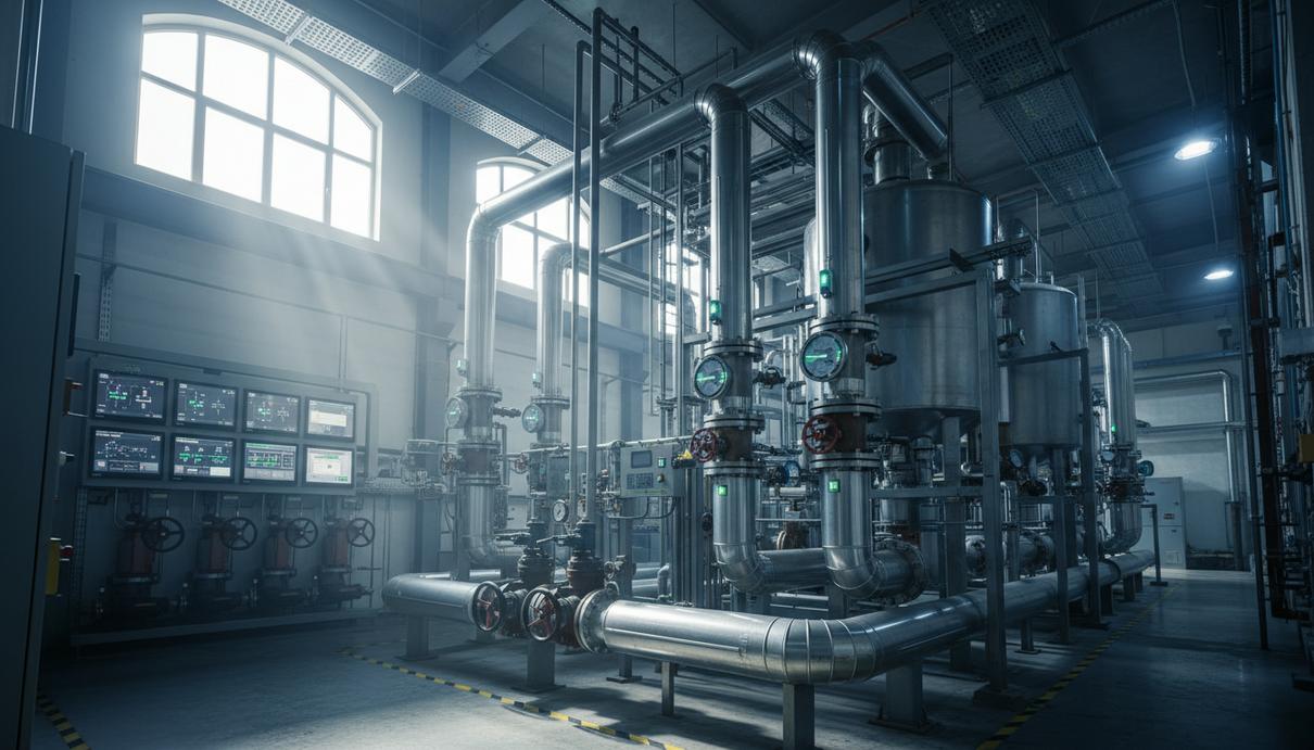 Schneider Electric и Microsoft автоматизировали производство водорода в Индии Промышленная установка твердооксидного электролизера со стальными трубами и датчиками в заводском цеху