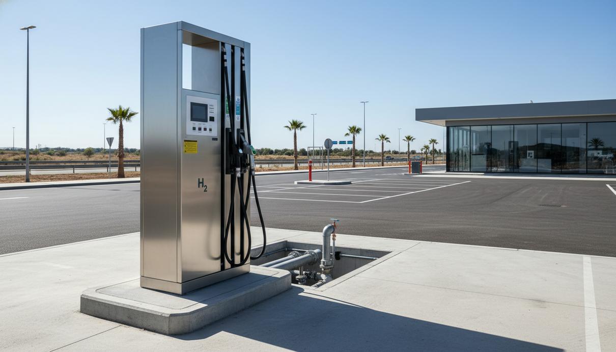 Современная колонка для заправки водородом на фоне пустой автозаправочной станции в Испании.