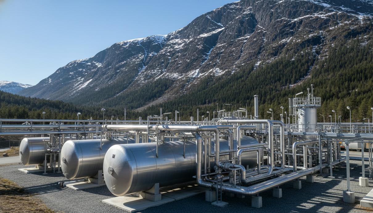 Промышленные резервуары и переплетение труб водородного завода на фоне горного хребта в Норвегии.