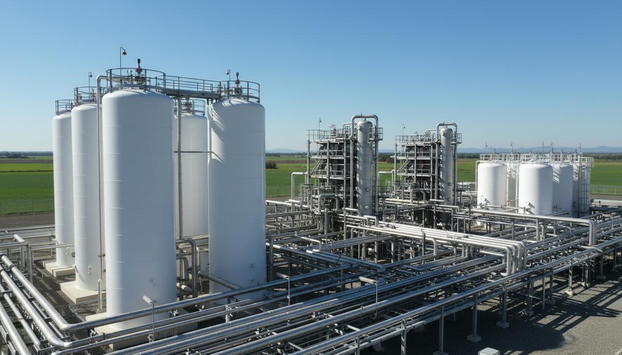 В Великобритании сформировали кадровый стандарт для водородной отрасли Промышленные резервуары и переплетение стальных труб водородной станции на фоне открытой местности и неба