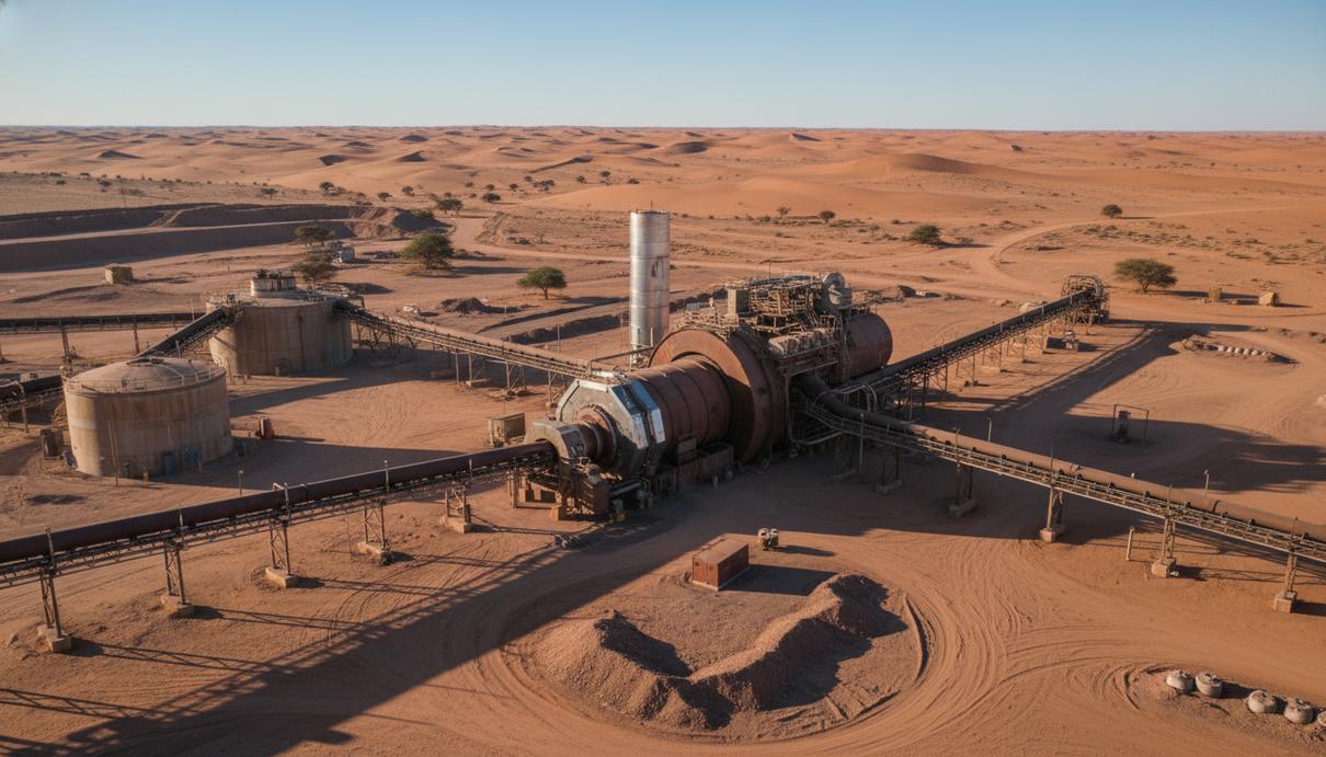 В Намибии протестировали технологию выпуска зеленого железа из бедной руды Промышленная площадка в Намибии с вращающейся печью для переработки железной руды на фоне пустынного пейзажа.