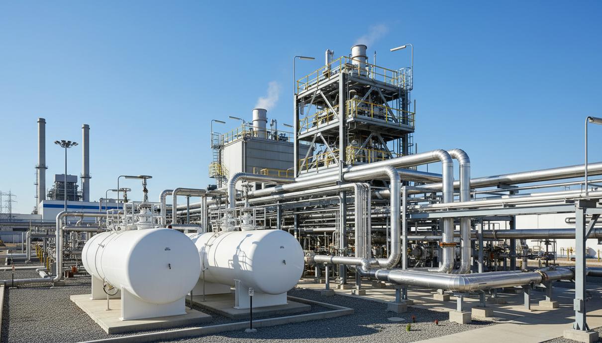 Amogy и GS E&C займутся распределенной энергетикой на основе аммиака Промышленные установки для переработки аммиака и сеть металлических труб на фоне неба.