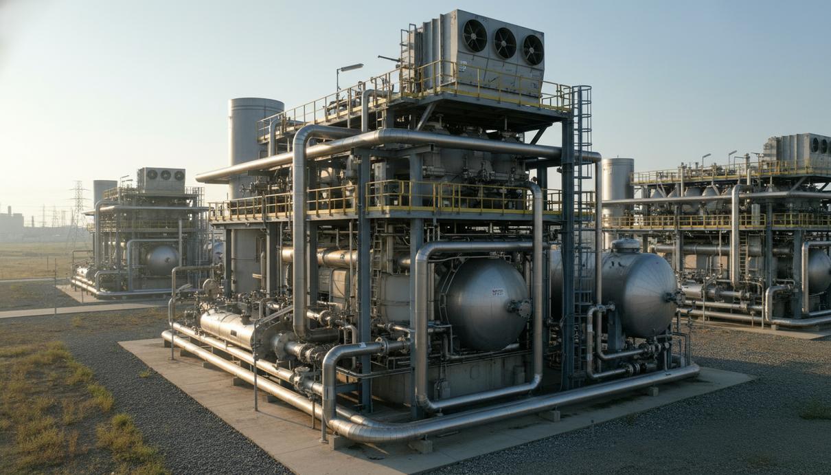 Массивная промышленная установка с металлическими баками и сложной системой труб на бетонной площадке