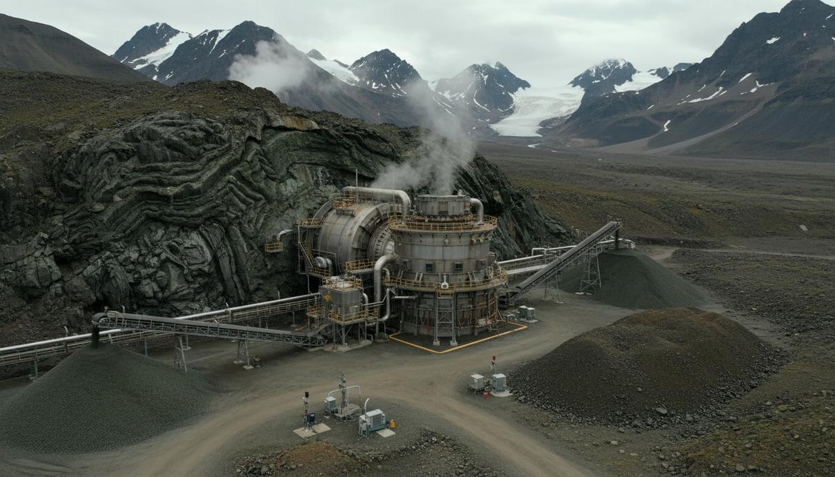 Element One разработала метод ускоренной добычи природного водорода Промышленный реактор и образцы минералов на фоне горного массива