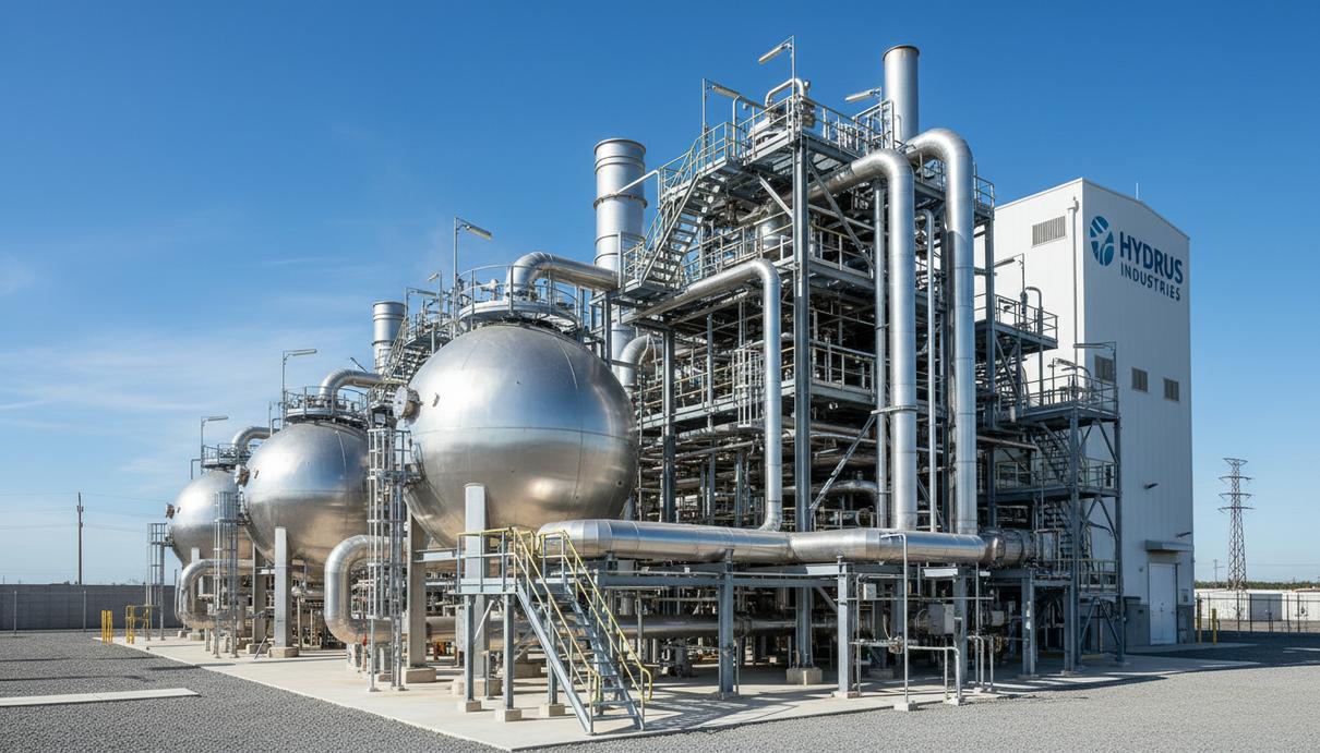 Промышленная установка для пиролиза метана со сложной системой стальных труб и реакторов.