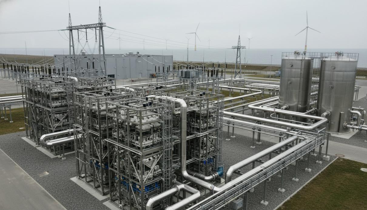 В Германии построят крупнейший центр производства «зеленого» водорода Промышленная площадка с серебристыми резервуарами и трубопроводами на фоне ветряных генераторов у морского побережья.