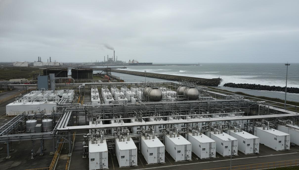 Промышленная площадка водородного завода с электролизными установками и трубопроводами в Уэльсе