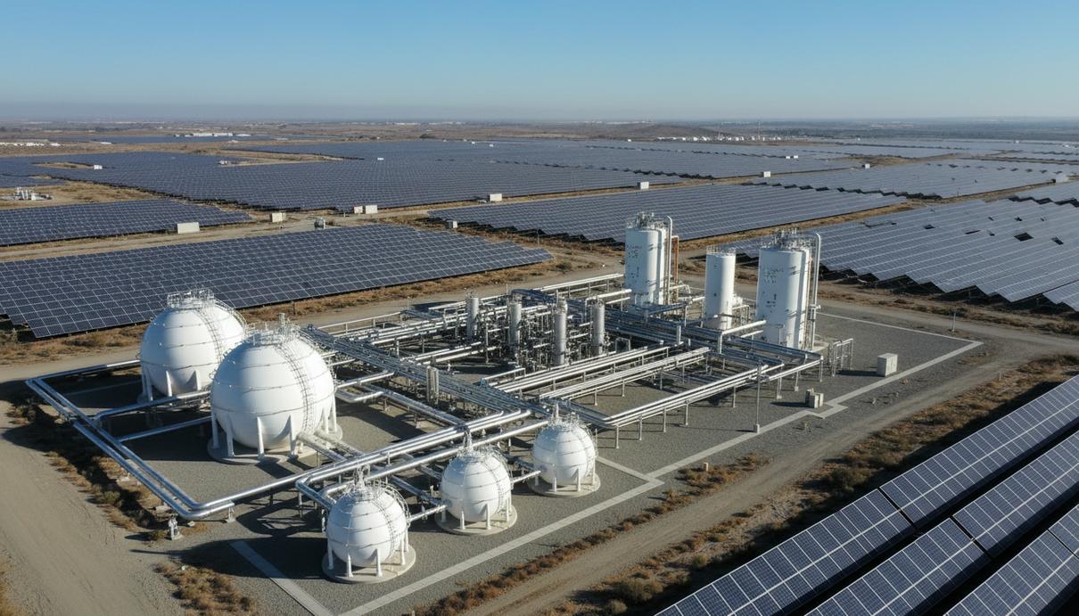 Промышленный комплекс по производству водорода с солнечными батареями и сферическими резервуарами в Калифорнии