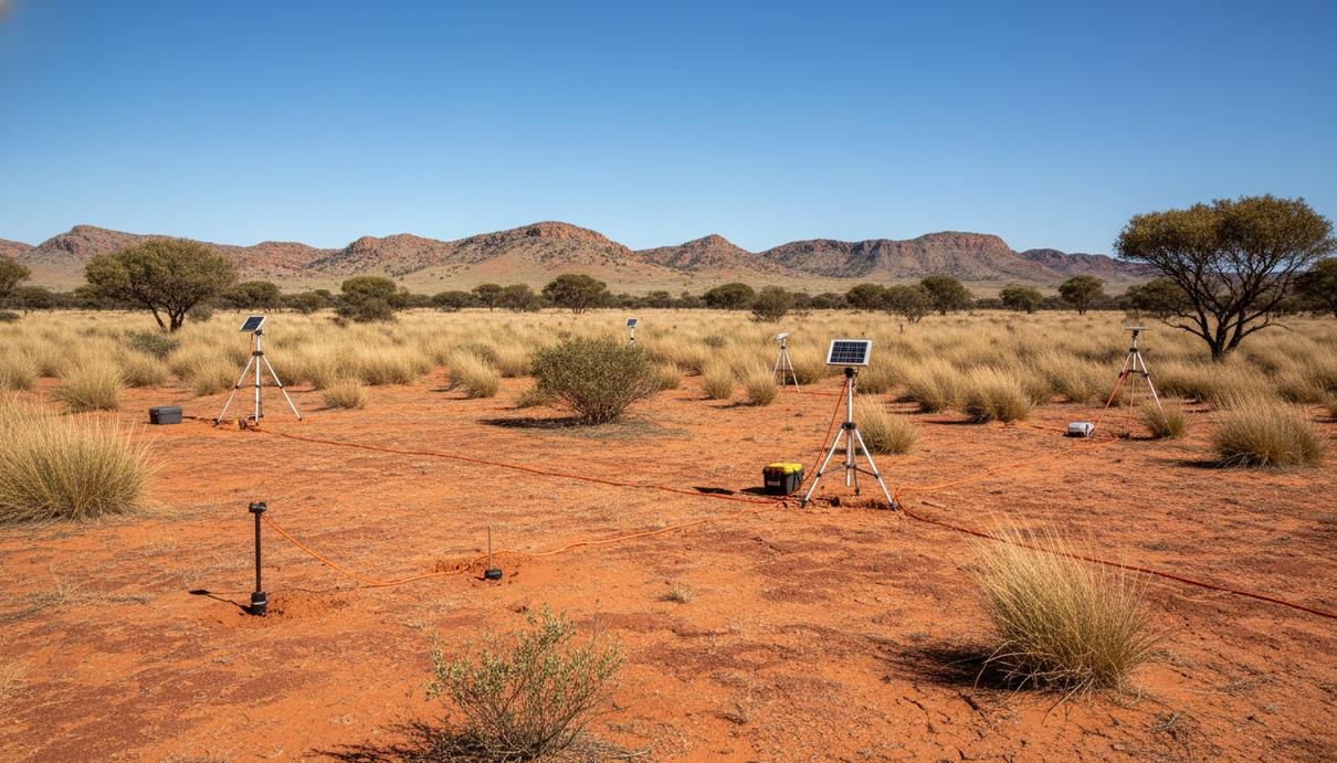 Пустынный пейзаж Южной Австралии с красной почвой и научным оборудованием для геологических исследований