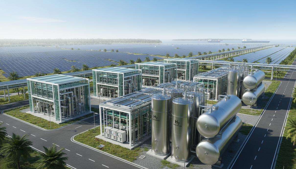 Современная установка по производству зеленого водорода с резервуарами и солнечными панелями в промышленной зоне
