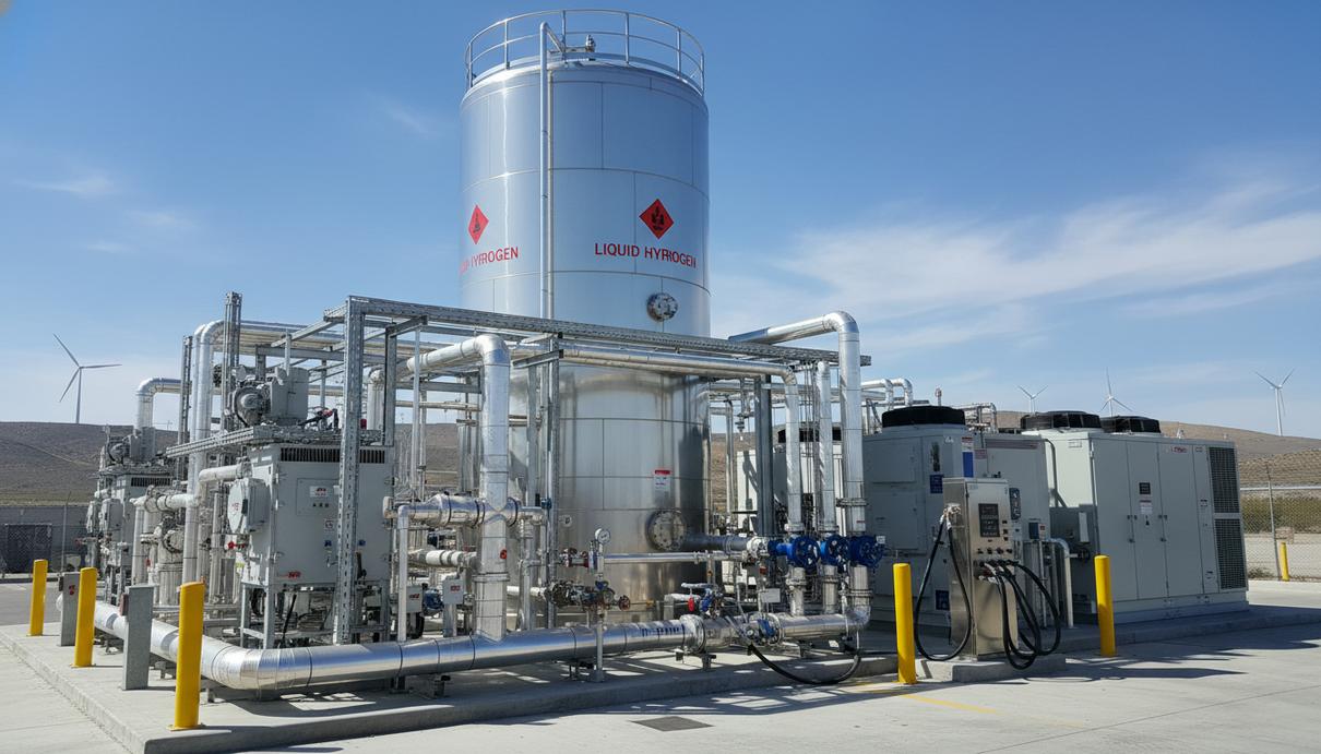 Большой промышленный резервуар для хранения жидкого водорода с системой труб на заправочной станции.