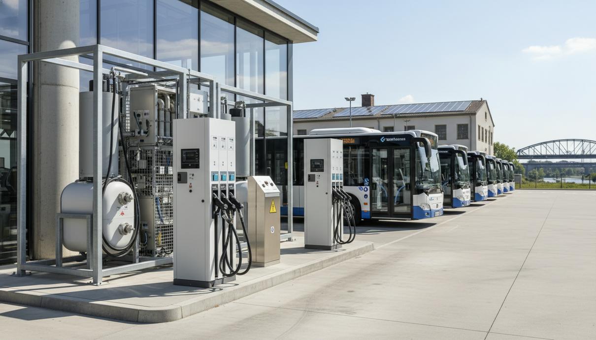 Современная водородная заправочная станция с колонками и городскими автобусами на территории транспортного депо.
