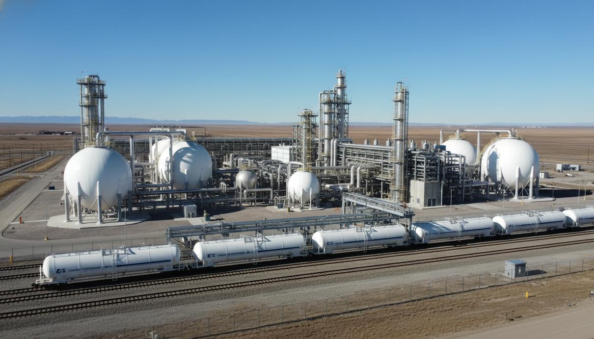 Промышленный объект со сферическими резервуарами для хранения водорода, трубопроводами и железнодорожными путями.