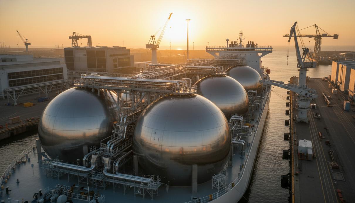 Современное судно для перевозки жидкого водорода со стальными сферическими танками и криогенными трубами в порту.
