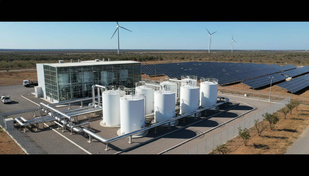 Промышленная площадка водородного завода с белыми резервуарами, трубами и солнечными панелями на фоне неба.