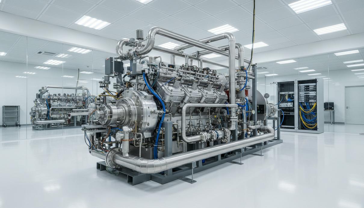 Промышленная газопоршневая установка с системой трубопроводов и датчиков в светлом технологичном помещении